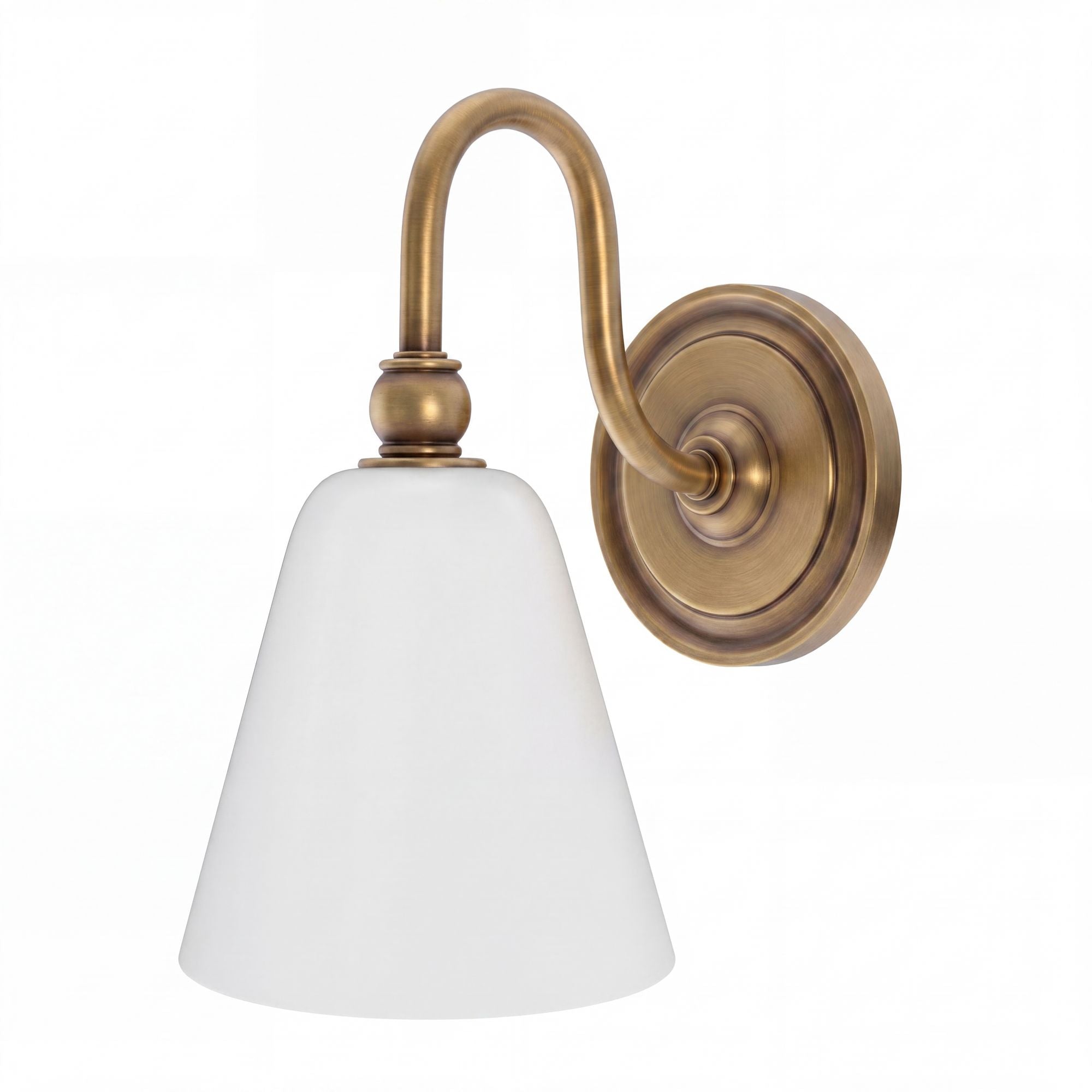 Ann Morris Lighting - Stuart Sconce  - White Glass Shade - Antique Brass